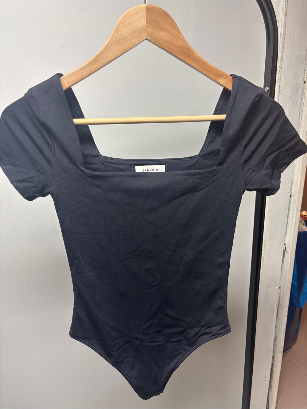 Babaton Black Square-Neck Short Sleeve Bodysuit